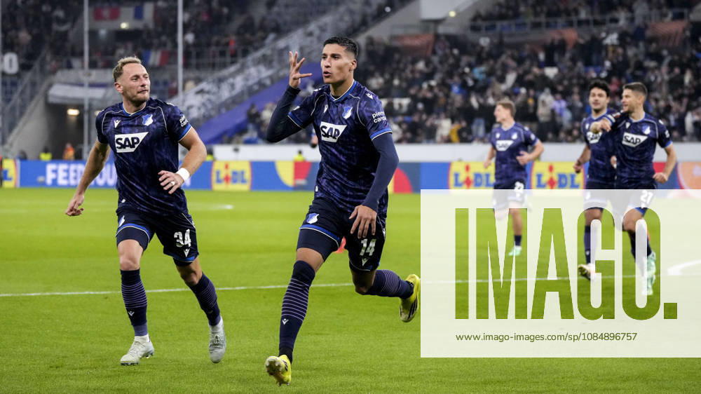 Vladimir Coufal (Hoffenheim), 34, and goal scorer Adam Daghim (Hoffenheim), 14, players for TSG 1899 Hoffenheim, celebrate the goal that made it 2–0, Celebration, goal celebration, scoring a goal, celebrate the goal, goal, celebration, celebrating the goal, joy, happiness, happy, optimistic, positive, game scene, highlight, action, 22 10 2026, Sinsheim, Germany, soccer, UEFA Europa League, TSG 1899 Hoffenheim vs. Olympique Lyon, DFB and DFL regulations prohibit any use of photographs as image sequences and or quasi-video