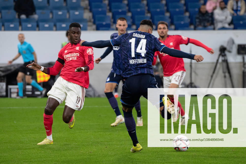 Sinsheim, Germany, October 22—Moussa Niakhate of Olympique Lyon, Adam Daghim of TSG 1899 Hoffenheim scores the goal to make it 2–0 during the UEFA Europa League Group Stage Matchday 3 game on October 20, 2026, between TSG Hoffenheim and Olympique Lyon at the Rhein-Neckar Arena in Sinsheim, Germany