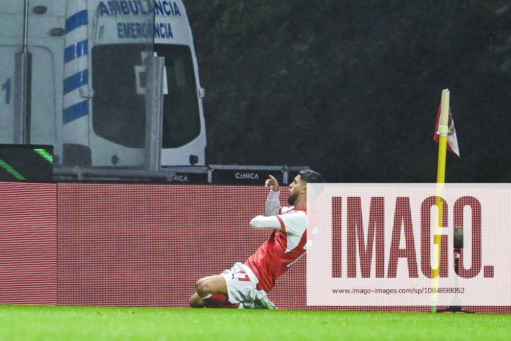 Gabriel Martinez Aguilera of SC Braga celebrates after scoring during a soccer game between Portuguese SC Braga and Belgian soccer team KAA Gent, Thursday 22 October 2026 in Braga, Portugal, the second match in the UEFA Conference League league phase. TOM GOYVAERTS TomxGoyvaerts x190699029x