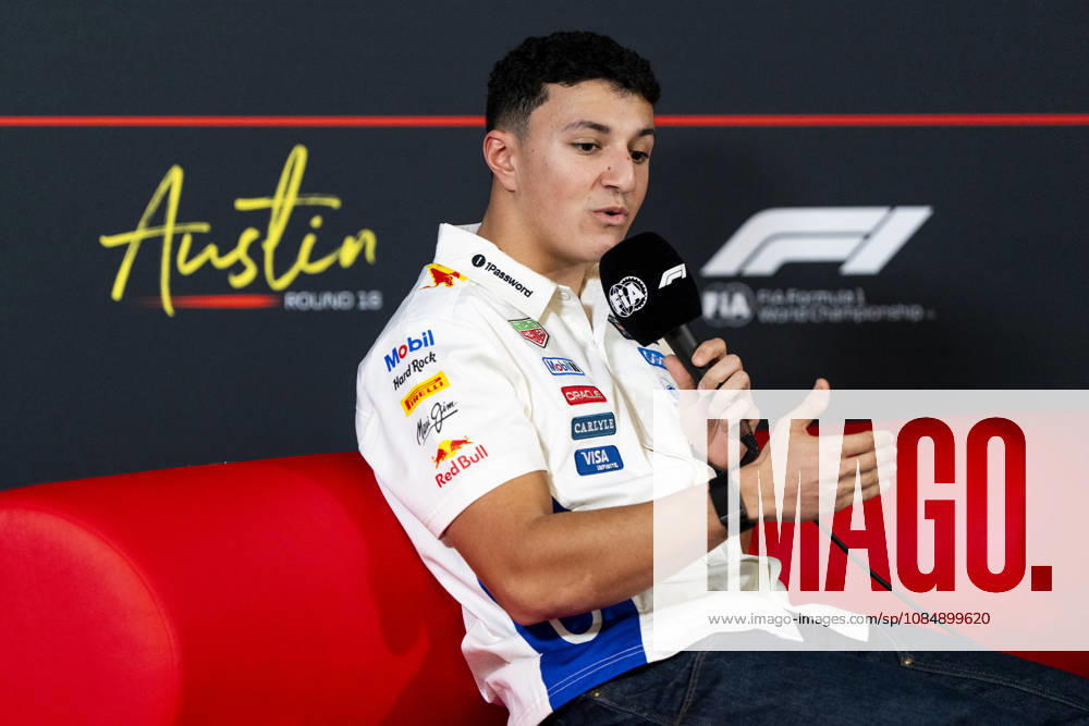 French Formula One driver Isack Hadjar of Red Bull Racing addresses reporters during a press conference, PK, Pressekonferenz prior to the Formula One United States Grand Prix at the Circuit of the Americas in Austin, Texas on Thursday, October 22, 2026. AUS2026102224 GREGxNASH