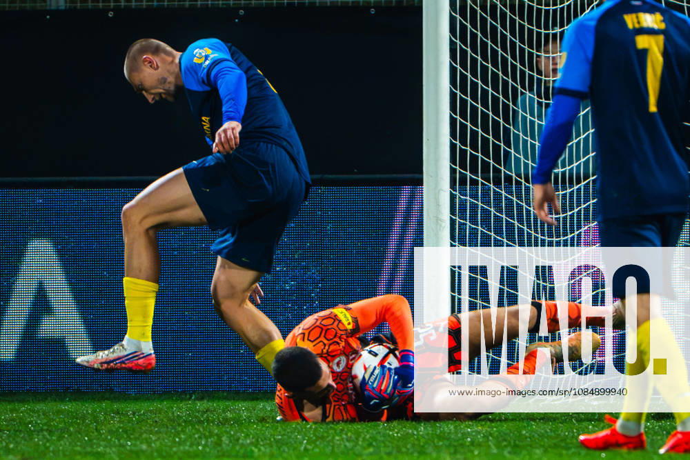 Blaz Kramer of Celje (L) in action against Christian Zawieschitzky of Salzburg (C) during the UEFA Europa League match between Celje (Slovenia) and Salzburg (Austria) at Stadion Celje, Celje on October 22, 2026 in Celje, Slovenia. (Photo by Andraz Corel Sports Press Photo).