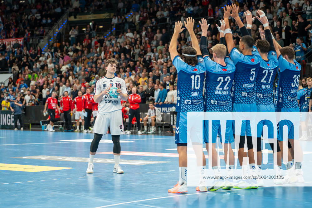 Handball I Men I 2026–2027 Season I Bundesliga I Matchday 10 I TVB Stuttgart vs. SG BBM Bietigheim I October 22, 2026 Jonas Josef 10, SG BBM Bietigheim on a direct free throw against the Stuttgart defense at the Stuttgart Porsche Arena, Baden-Württemberg, Germany