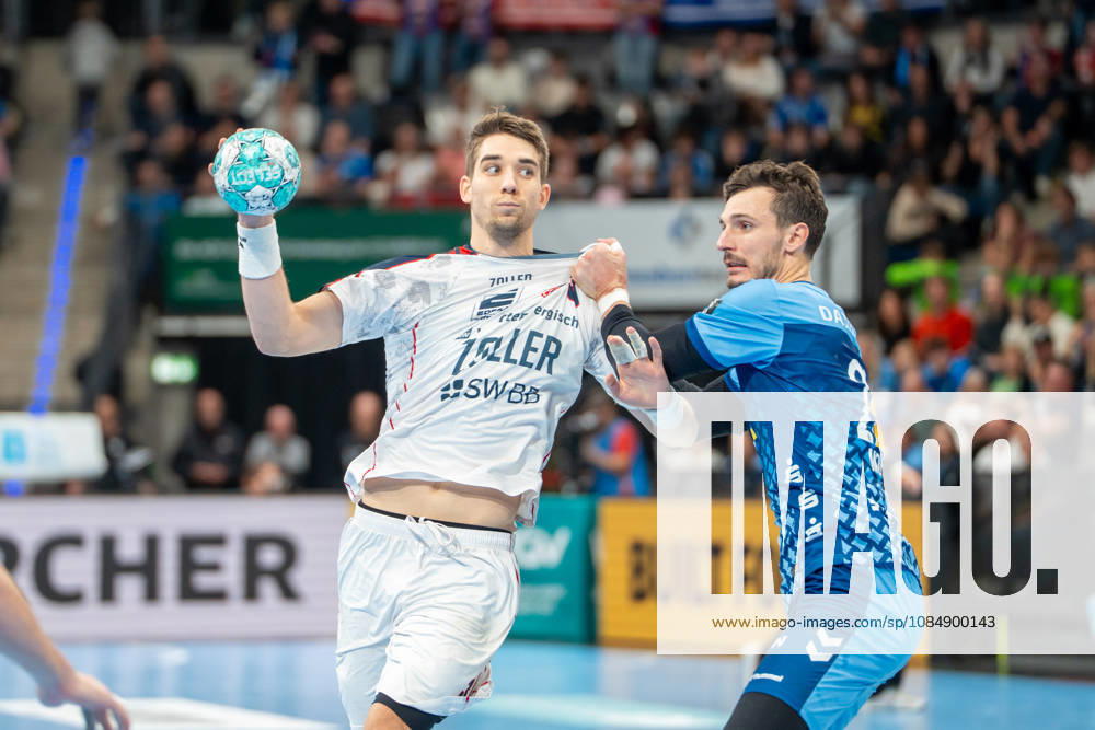 Handball I Men I 2026–2027 Season I Bundesliga I Matchday 10 I TVB Stuttgart vs. SG BBM Bietigheim I October 22, 2026 Nikola Vlahovic 3, SG BBM Bietigheim defended by Philipp Meyer 27, TVB Stuttgart, Stuttgart Porsche Arena, Baden-Württemberg, Germany