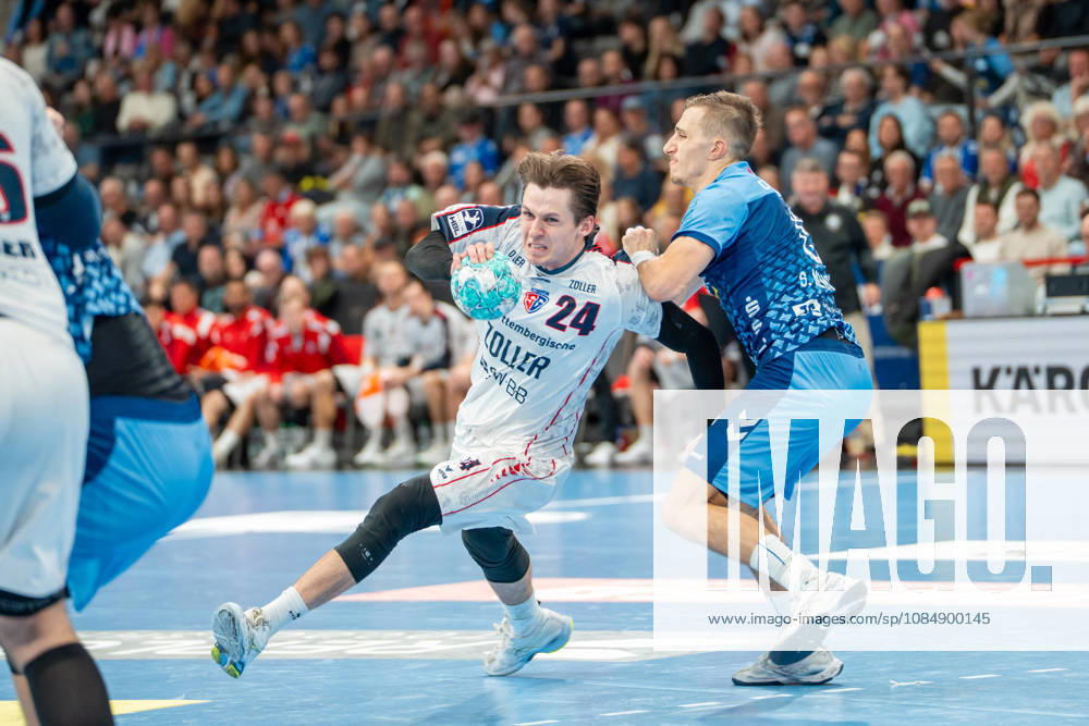 Handball I Men I 2026–2027 Season I Bundesliga I Matchday 10 I TVB Stuttgart vs. SG BBM Bietigheim I October 22, 2026 Maxim Orlov 24, SG BBM Bietigheim with the ball, defended by Simone Mengon 15, TVB Stuttgart, Stuttgart Porsche Arena, Baden-Württemberg, Germany