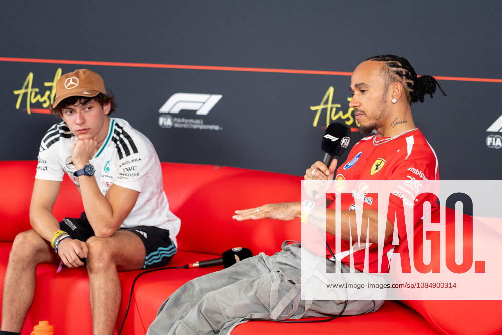 AUSTIN, UNITED STATES, OCT 22: Andrea Kimi Antonelli of Italy and Mercedes-AMG PETRONAS F1 Team (L) and Lewis Hamilton of Great Britain and Scuderia Ferrari HP (R) in the Drivers press conference, PK, Pressekonferenz during previews ahead of the F1 Grand Prix of United States at Circuit of The Americas on October 22, 2026 in Austin, Texas (photo by Richard Callis SPP)