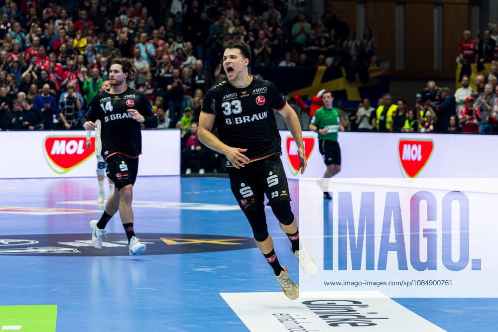 EHF Champions League 2026–2027 Group Stage Group B Match 5 MT Melsungen vs. Orlen Wisla Plock Pictured: Aaron Mensing of MT celebrates after scoring a goal at Rothenbach Halle in Hesse