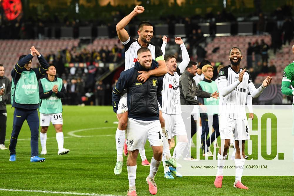 STVV s players celebrate after winning a soccer game between Danish FC Midtjylland and Belgian Sint-Truidense VV, Thursday 22 October 2026 in Herning, Denmark, on the second day of the UEFA Conference League league phase. JILLxDELSAUX x190702776x