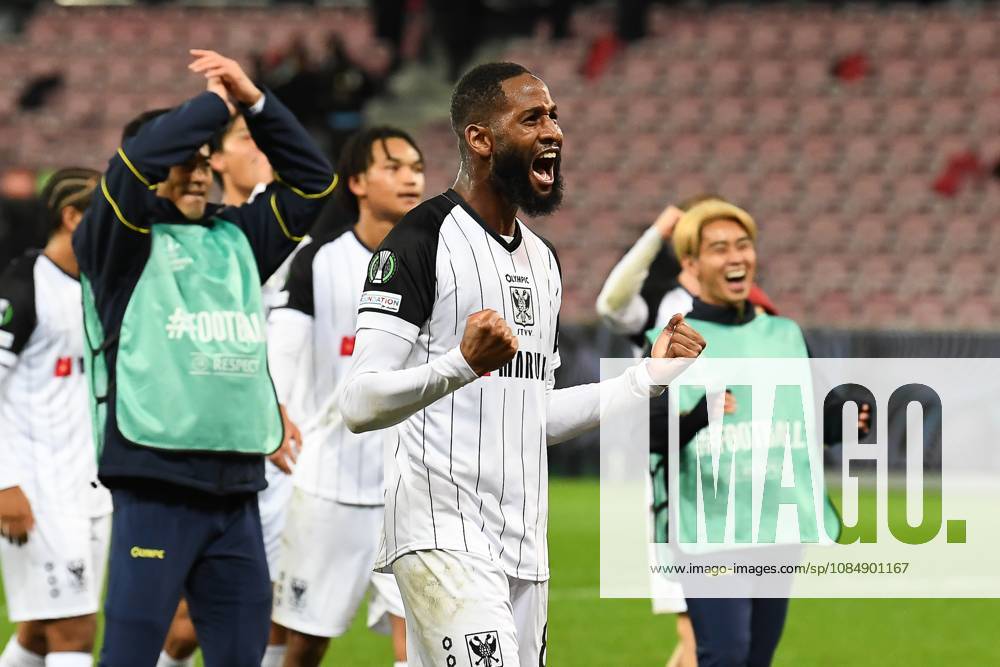 STVV s players celebrate after winning a soccer game between Danish FC Midtjylland and Belgian Sint-Truidense VV, Thursday 22 October 2026 in Herning, Denmark, on the second day of the UEFA Conference League league phase. JILLxDELSAUX x190702762x