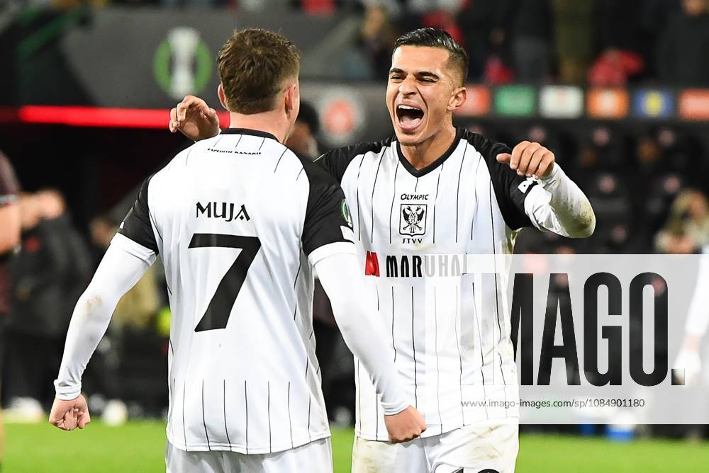 STVV s players celebrate after winning a soccer game between Danish FC Midtjylland and Belgian Sint-Truidense VV, Thursday 22 October 2026 in Herning, Denmark, on the second day of the UEFA Conference League league phase. JILLxDELSAUX x190702750x