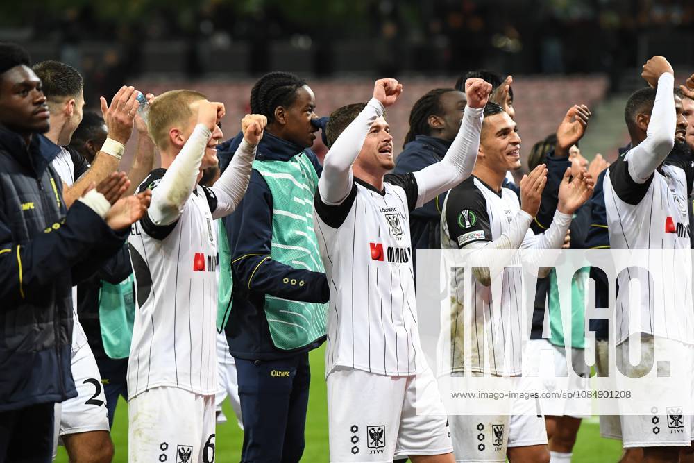 STVV s players celebrate after winning a soccer game between Danish FC Midtjylland and Belgian Sint-Truidense VV, Thursday 22 October 2026 in Herning, Denmark, on the second day of the UEFA Conference League league phase. JILLxDELSAUX x190702812x