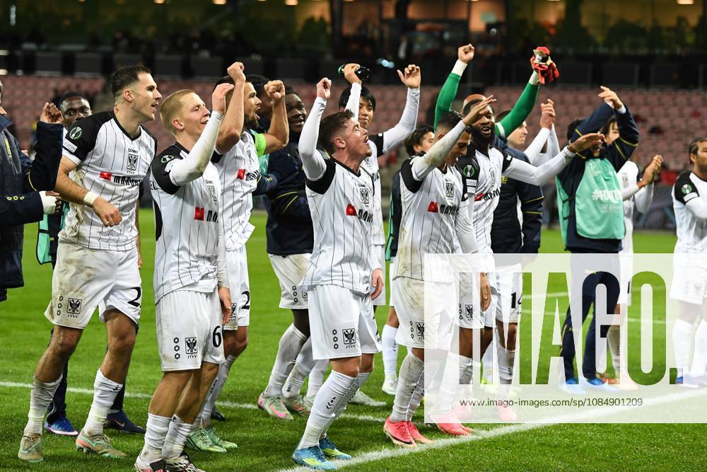 STVV s players celebrate after winning a soccer game between Danish FC Midtjylland and Belgian Sint-Truidense VV, Thursday 22 October 2026 in Herning, Denmark, on the second day of the UEFA Conference League league phase. JILLxDELSAUX x190702825x