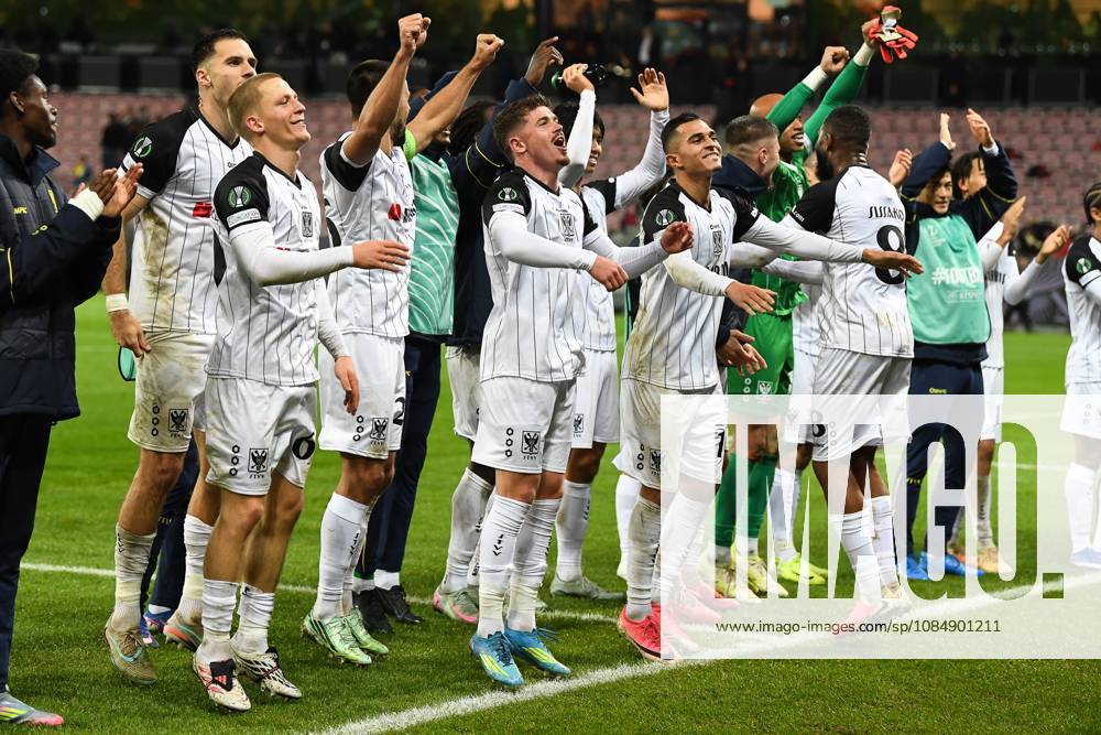STVV s players celebrate after winning a soccer game between Danish FC Midtjylland and Belgian Sint-Truidense VV, Thursday 22 October 2026 in Herning, Denmark, on the second day of the UEFA Conference League league phase. JILLxDELSAUX x190702832x