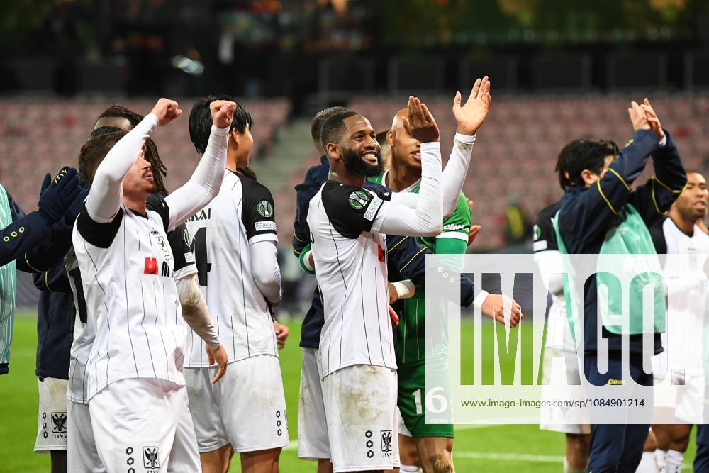 STVV s players celebrate after winning a soccer game between Danish FC Midtjylland and Belgian Sint-Truidense VV, Thursday 22 October 2026 in Herning, Denmark, on the second day of the UEFA Conference League league phase. JILLxDELSAUX x190702844x