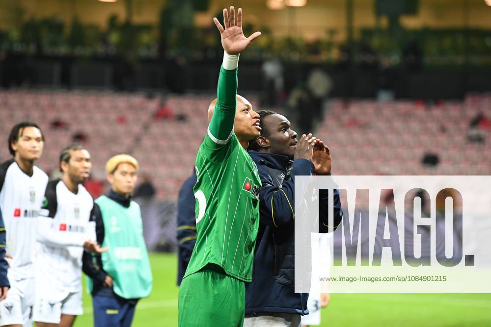 STVV s players celebrate after winning a soccer game between Danish FC Midtjylland and Belgian Sint-Truidense VV, Thursday 22 October 2026 in Herning, Denmark, on the second day of the UEFA Conference League league phase. JILLxDELSAUX x190702847x