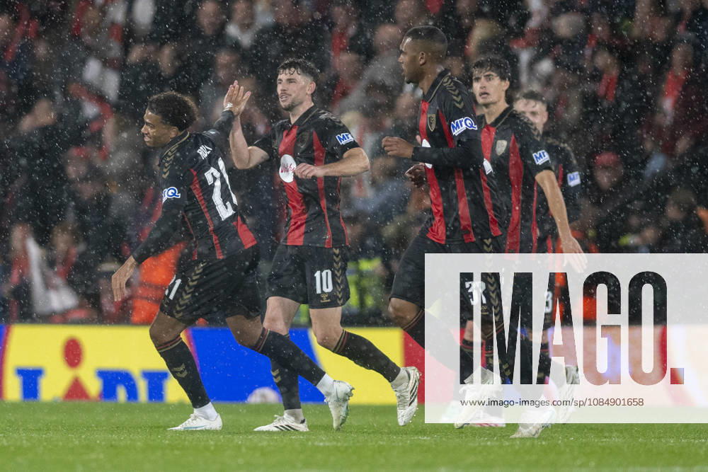 AFC Bournemouth v AC Milan, UEFA Europa League Amine Adli of Bournemouth celebrates their side s third goal (3-0) with Ryan Christie of Bournemouth during AFC Bournemouth v AC Milan UEFA Europa League Matchday 3 at the Vitality Stadium, Bournemouth, England on 22 October 2026 Credit: Andy Thomas Every Second Media Editorial use only. All images are copyright Every Second Media Limited. No images may be reproduced without prior permission.