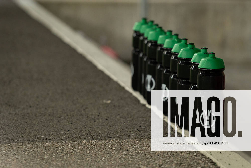 THUN, BERN - OCTOBER 22: Water bottles of FC Thun before the UEFA Conference League match between FC Thun and HNK Hajduk Split at VISANA STADION on October 22, 2026 in Thun, Bern, Switzerland.