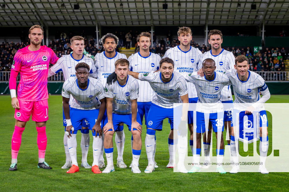 JABLONEC - BRIGHTON Team photo - starting lineup - startin XI of Brighton - Bart Verbruggen, Costinha, Michael Svoboda, Olivier Boscagli, Jaouen Hadjam, Pascal Gross, Malick Yalcouye, Matt O Riley, Jack Hinshelwood, Ibrahim Osman, Georginio Rutter during the matchday 2 of League phase round of UEFA Conference league football match between FK Jablonec and Brighton and Hove Albion at Stadion Strelnice. Jablonec nad Nisou, Czechia, October 22, 2026. Photo by Branislav Racko