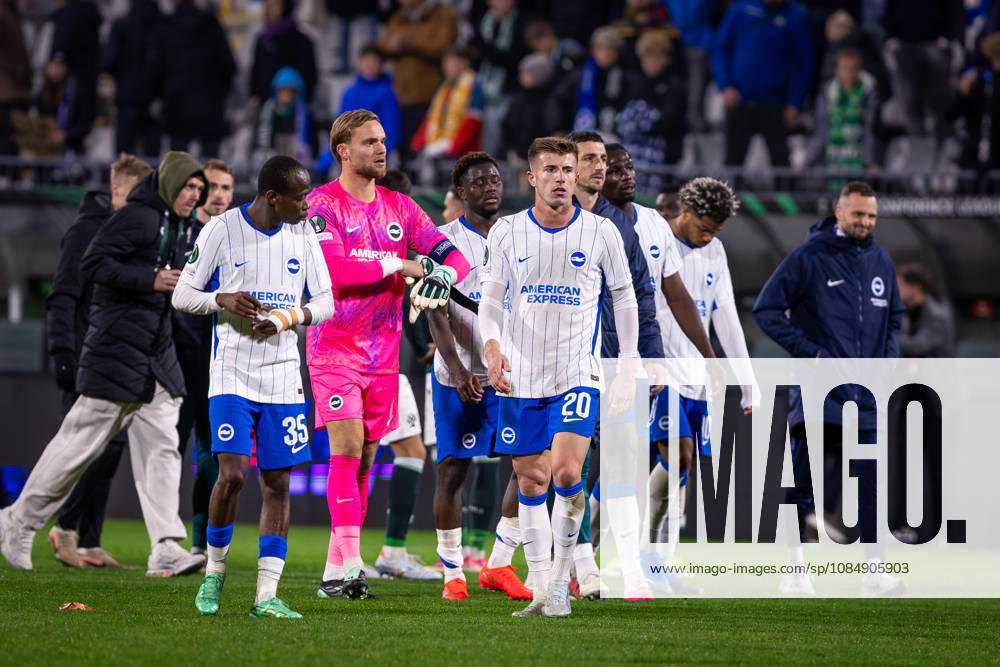 JABLONEC - BRIGHTON Malick Yalcouye, Bart Verbruggen, Costinha of Brighton after the matchday 2 of League phase round of UEFA Conference league football match between FK Jablonec and Brighton and Hove Albion at Stadion Strelnice. Jablonec nad Nisou, Czechia, October 22, 2026. Photo by Branislav Racko