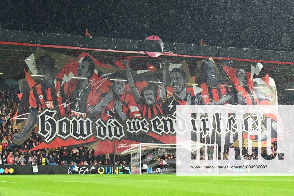 Bournemouth v AC Milan, Europa League How did we end up here? Banner flys above the home fans before kickoff during the Europa League match between Bournemouth and AC Milan at the Vitality Stadium, Bournemouth, UK on 22 October 2026. Bournemouth Vitality Stadium Dorset UK Editorial use only ,