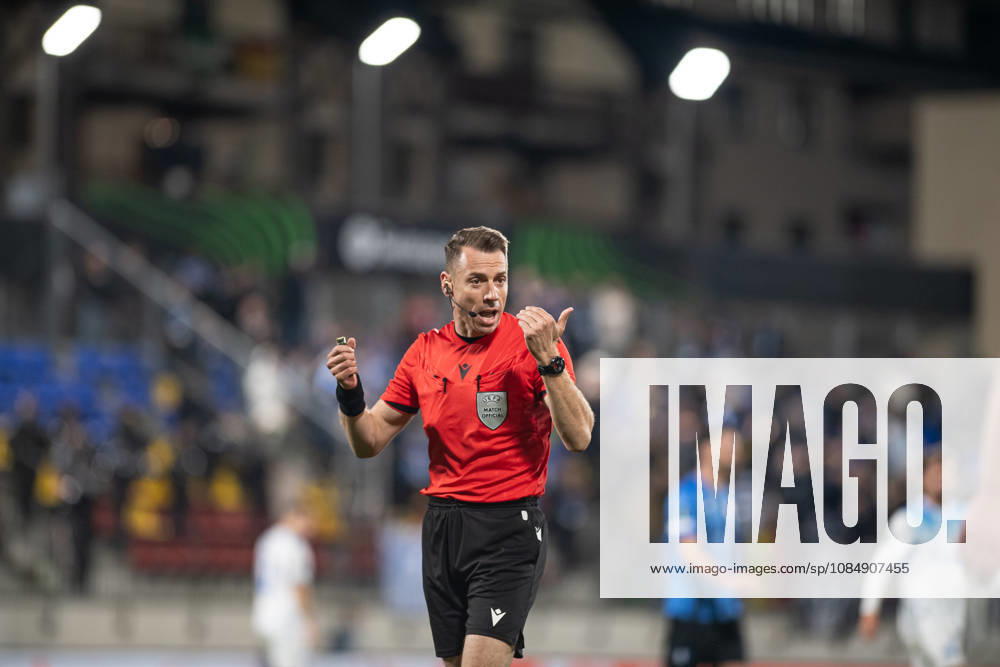 Inter Club Escaldes v Universitatae Craiova - UEFA Conference League Referee Christos Vergetis from Greece is in action during the UEFA Conference League match between Inter Club d Escaldes and Universitatea Craiova at New FAF Stadium in Encamp, Andorra, on October 22, 2026. Encamp Andorra Andorra