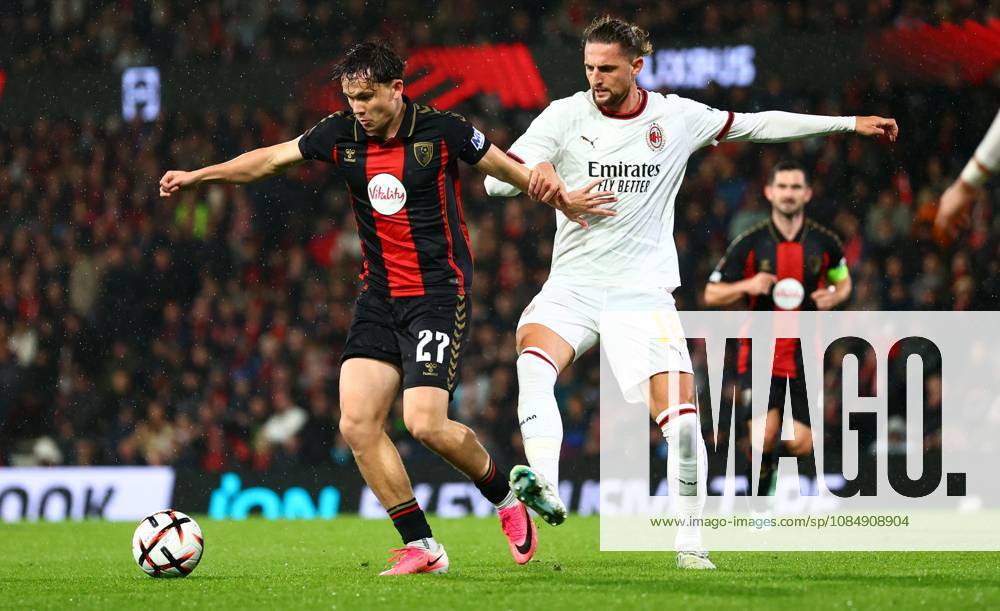 Alex Toth of AFC Bournemouth and Adrien Rabiot of AC Milan. AFC Bournemouth v AC Milan, UEFA Europa League, Football, Vitality Stadium, Bournemouth, UK - 22 Oct 2026Bournemouth Vitality Stadium United Kingdom