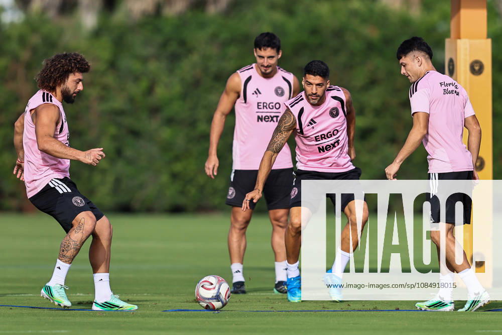 FORT LAUDERDALE, FL - OCTOBER 23: From (L-R), Inter Miami CF defender Maximiliano Falcon (37), defender Gonzalo Lujan (2), forward Luis Suarez (9) and midfielder David Ayala (22) are seen during an Inter Miami Training Session at Florida Blue Training Center on October 23, 2026 in Fort Lauderdale, Florida. (Photo by Chris Arjoon Icon Sportswire) SOCCER: OCT 23 Inter Miami CF Training Icon2610230000001