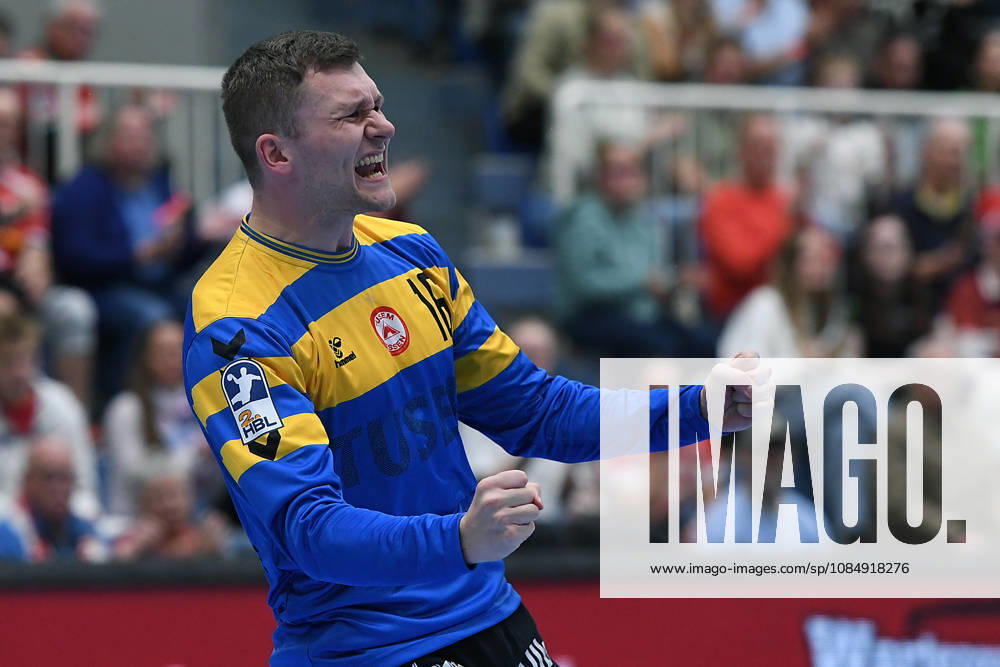 Handball Bundesliga, Matchday 8: TuSEM Essen vs. TV Emsdetten on October 19, 2026, at Sportpark Am Hallo in Essen. Lukas Diedrich of Essen celebrates. xRx