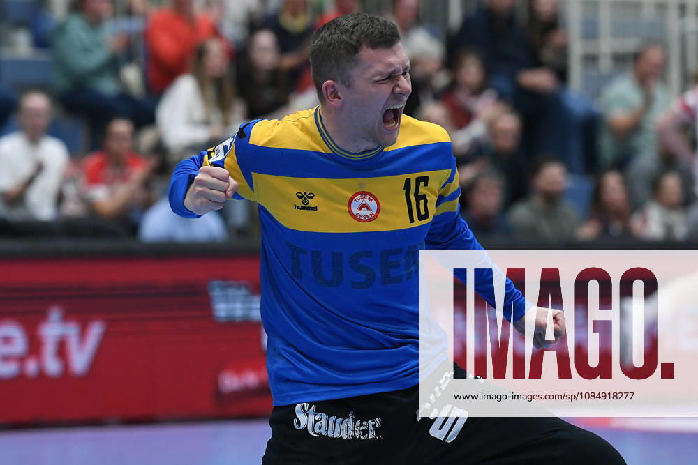Handball Bundesliga, Matchday 8: TuSEM Essen vs. TV Emsdetten on October 19, 2026, at Sportpark Am Hallo in Essen. Lukas Diedrich of Essen celebrates. xRx