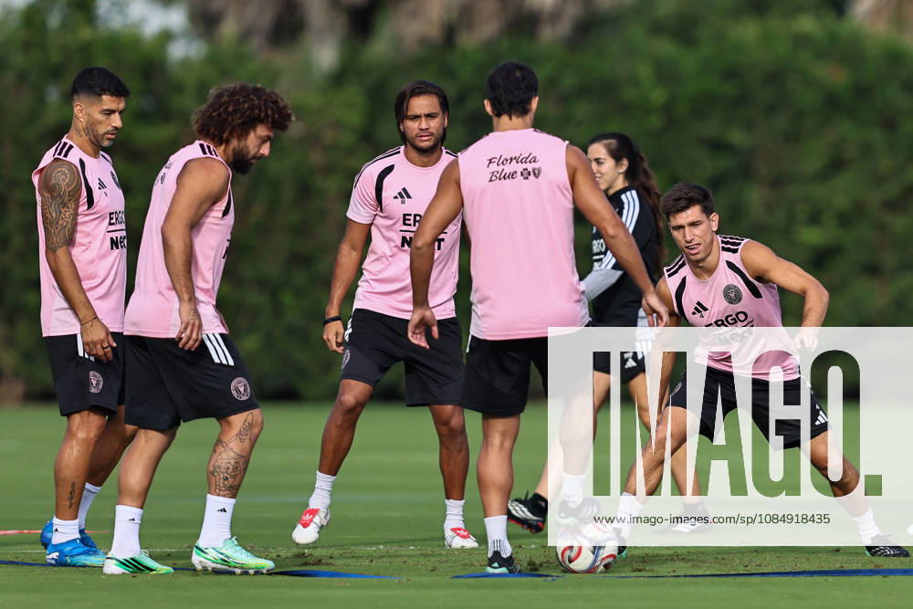 FORT LAUDERDALE, FL - OCTOBER 23: From (L-R), Inter Miami CF forward Luis Suarez (9), defender Maximiliano Falcon (37), midfielder Telasco Segovia (8), and defender Facundo Mura (4) are seen during an Inter Miami Training Session at Florida Blue Training Center on October 23, 2026 in Fort Lauderdale, Florida. (Photo by Chris Arjoon Icon Sportswire) SOCCER: OCT 23 Inter Miami CF Training Icon2610230000016