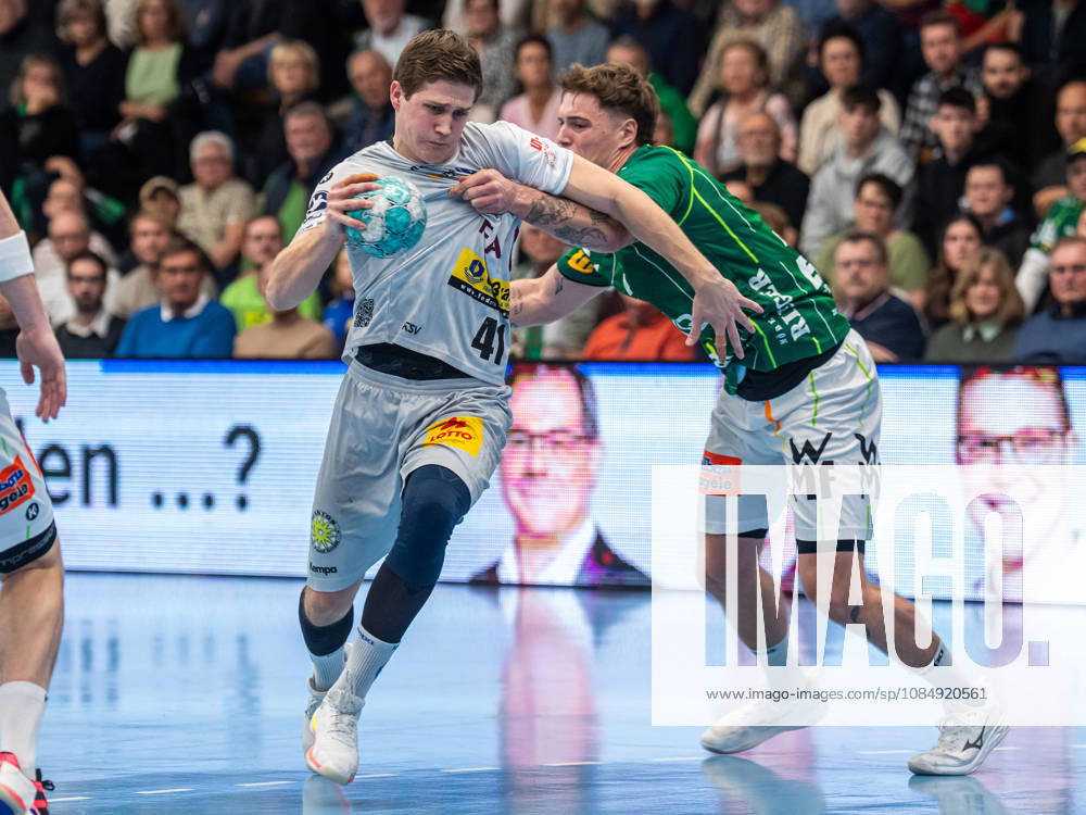 Vukasin Antonijevic (ThSV Eisenach), 41, in a one-on-one battle with Victor Kloeve (Frisch Auf Goeppingen), 07, Frisch Auf Goeppingen vs. ThSV Eisenach, Handball, 1st Bundesliga, Men, 2026–2027 Season, October 23, 2026, Frisch Auf Göppingen vs. ThSV Eisenach, Handball, 1st Bundesliga, Men, 2026–2027 season, October 23, 2026, Göppingen