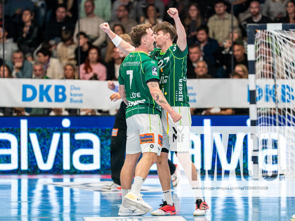 Victor Kloeve of Frisch Auf Goeppingen, 7, and Oskar Sunnefeldt of Frisch Auf Goeppingen, 27, celebrate together; Frisch Auf Goeppingen vs. ThSV Eisenach, handball, 1st Bundesliga, men s division, 2026–2027 season, October 23, 2026, Frisch Auf Goeppingen vs. ThSV Eisenach, Handball, 1st Bundesliga, Men, 2026–2027 season, October 23, 2026, Goeppingen