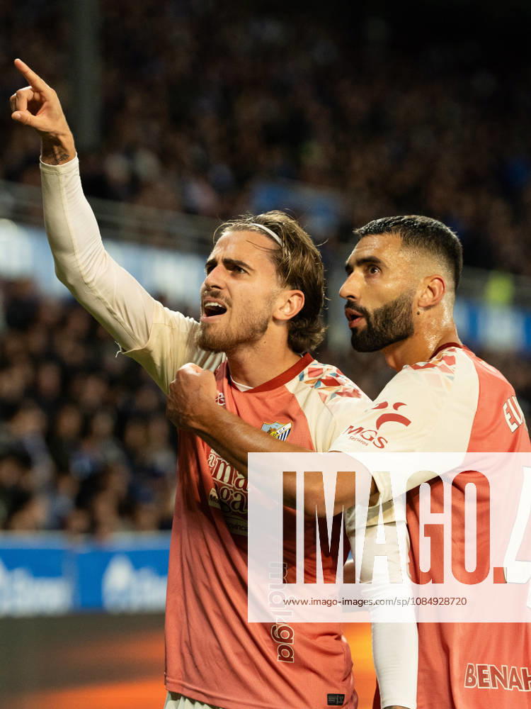 ESP LaLiga EA Sports: Deportivo Alavés vs. Málaga CF — Adrián Nino of Málaga scores a goal and celebrates during the LaLiga EA Sports match between Deportivo Alavés and Málaga CF, played at Mendizorroza Stadium in Vitoria-Gasteiz on October 23, 2026, in Spain. VITORIA-GASTEIZ, Spain — Soccer