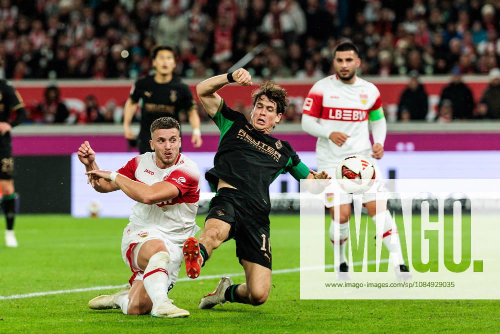 Ermedin Demirovic (VfB Stuttgart, 9) shoots the ball against Philipp Sander (Borussia Moenchengladbach, 16) defending during the Bundesliga match between VfB Stuttgart vs. Borussia Moenchengladbach at MHP Arena on matchday 7 of the 1. Bundesliga on October 23, 2026 in Stuttgart, Germany. DFL REGULATIONS PROHIBIT ANY USE OF PHOTOGRAPHS AS IMAGE SEQUENCES AND OR QUASI-VIDEO. Baden-Wuerttemberg Germany