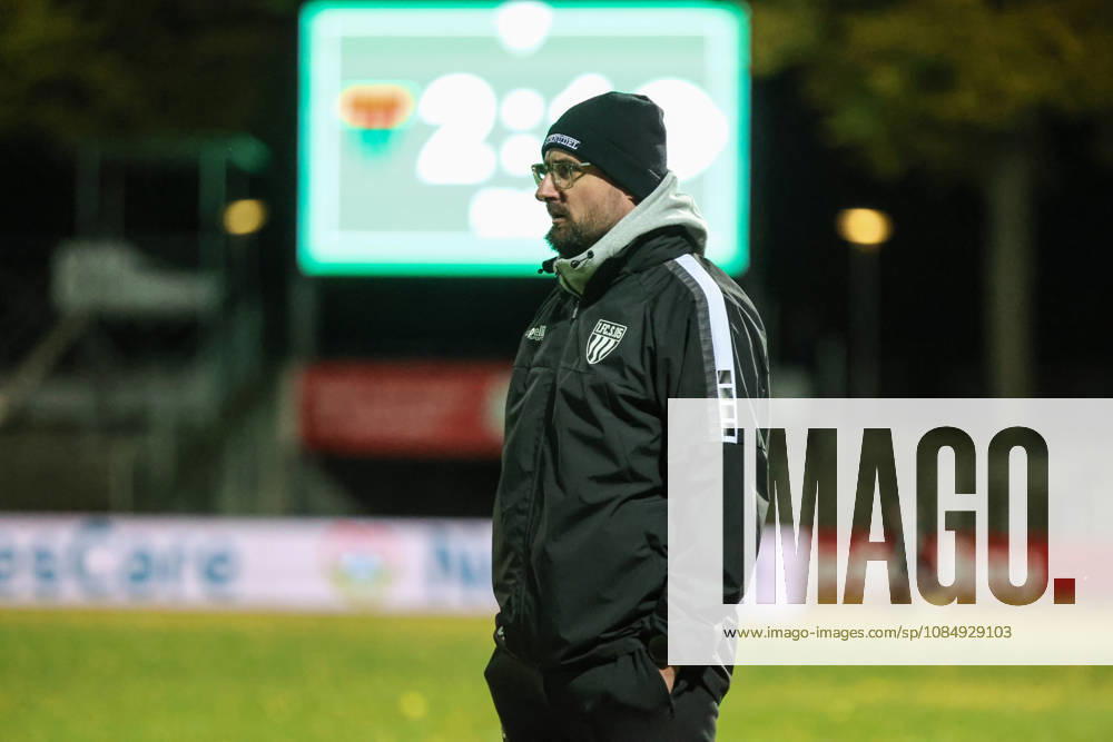 Soccer, Men s, Bavarian Regional League, 2026–2027 Season, Matchday 16: FC Schweinfurt 05 vs. TSV Landsberg; Coach Jan Gernlein of FC Schweinfurt 05 in front of the scoreboard; single shot at the Riedel Bau Arena in Schweinfurt, Sachs Stadio, Bavaria, Lower Franconia, Germany
