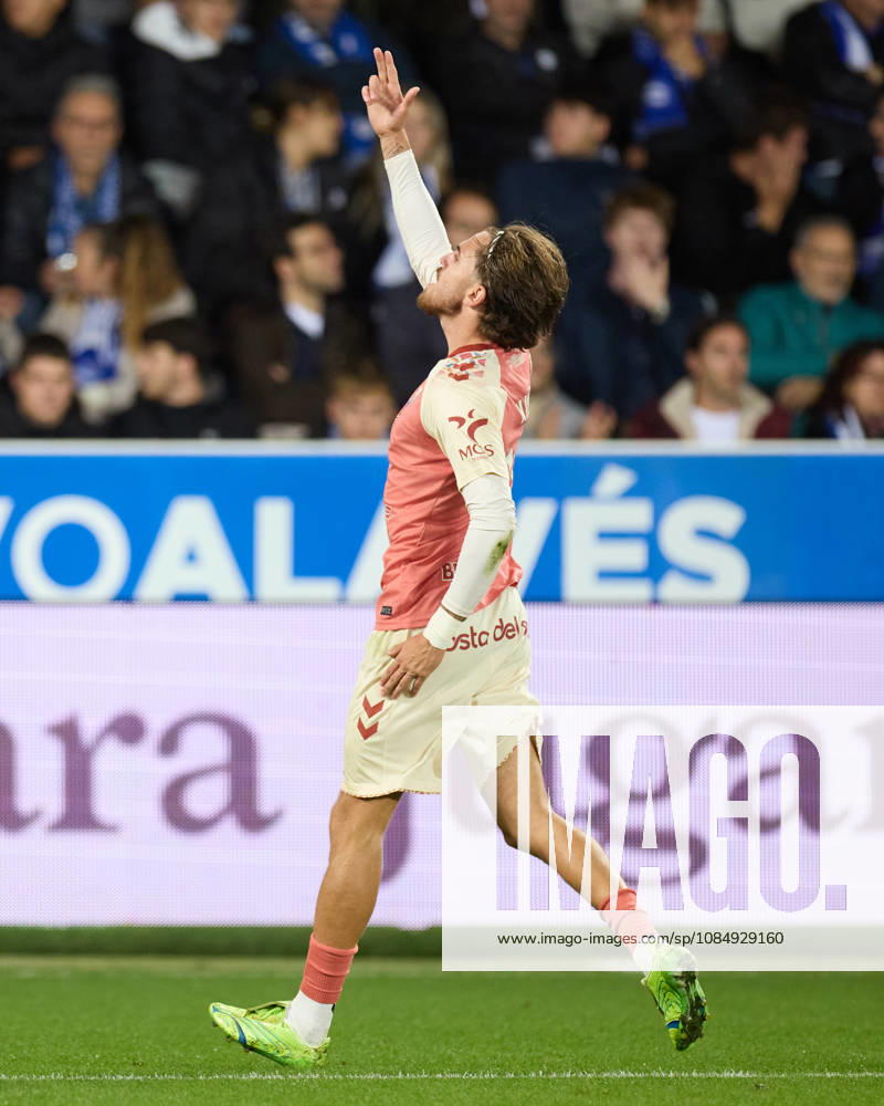 Adrian Nino of Malaga CF celebrates after scoring the team s first goal during the LaLiga EA Sports match between Deportivo Alaves and Malaga CF at Mendizorrotza on October 23, 2026, in Vitoria, Spain. Vitoria Spain - ZUMAa181 20261023_zaa_a181_015