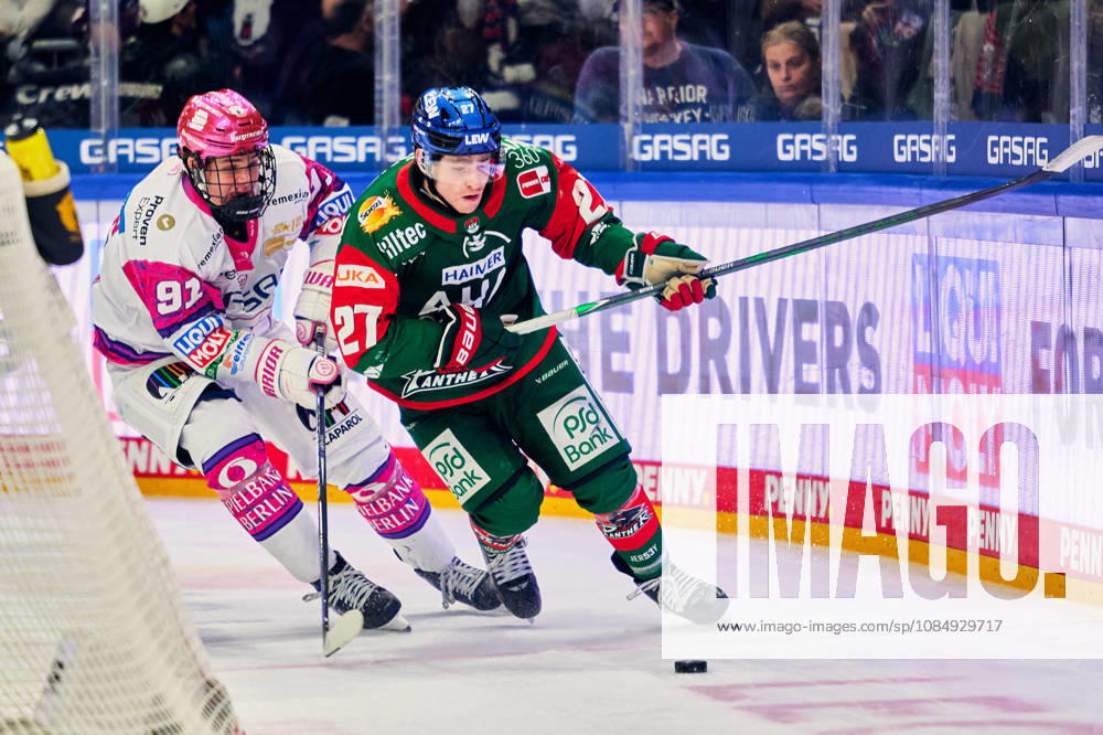 Tobias Krestan, Eisbären Berlin, 91, Kyle Mayhew, Augsburger Panther, 27, GER, Eisbären Berlin vs. Augsburger Panther, Men s Ice Hockey, German Ice Hockey League (DEL), 2026–27 season, Matchday 11, October 23, 2026, GER, Eisbären Berlin vs. Augsburger Panther, Men s Ice Hockey, German Ice Hockey League (DEL), 2026–27 Season, Matchday 11, Berlin