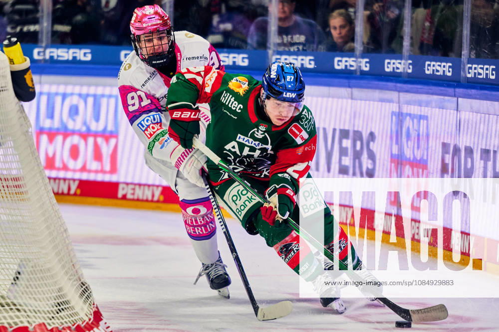 Tobias Krestan, Eisbären Berlin, 91, Kyle Mayhew, Augsburger Panther, 27, GER, Eisbären Berlin vs. Augsburger Panther, Men s Ice Hockey, German Ice Hockey League (DEL), 2026–27 season, Matchday 11, October 23, 2026, GER, Eisbären Berlin vs. Augsburger Panther, Men s Ice Hockey, German Ice Hockey League (DEL), 2026–27 Season, Matchday 11, Berlin