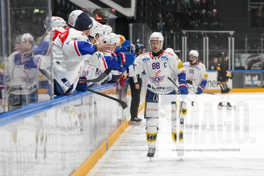 LUGANO, SWITZERLAND, OCTOBER 16 — Dario Meyer of Kloten celebrates his goal during the game between HC Lugano and EHC Kloten at the Corner Arena on October 23, 2026, in Lugano, Switzerland (Lugano, Ticino, Switzerland)