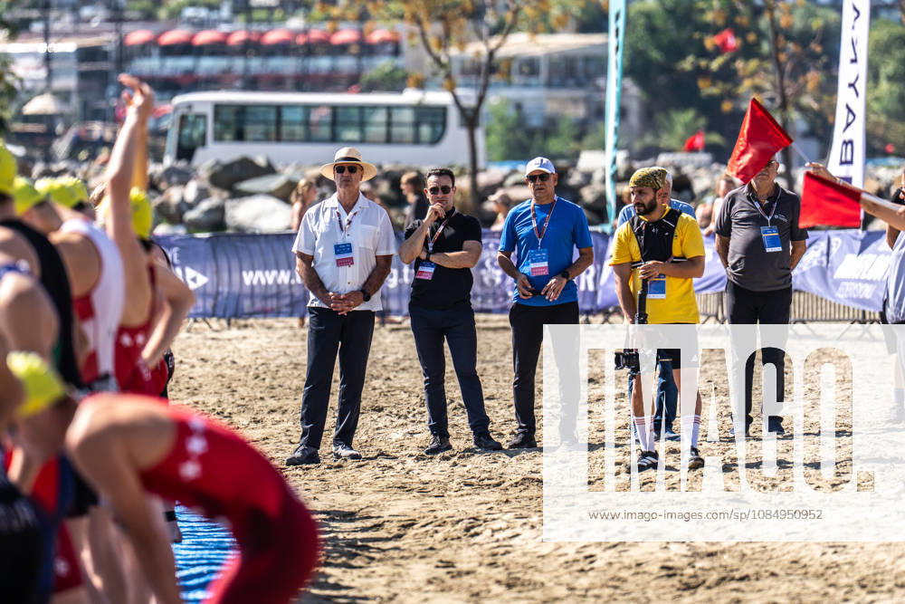 2026 Europe Triathlon Cup Alanya ANTALYA, TURKEY - OCTOBER 24: Technical officials look on as athletes line up at the start prior to the elite men race of 2026 Europe Triathlon Cup Alanya on October 24, 2026 in Antalya, Turkey. Antalya Turkey