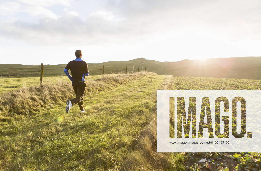 Rear view of man jogging on grassy field during sunny day , model released