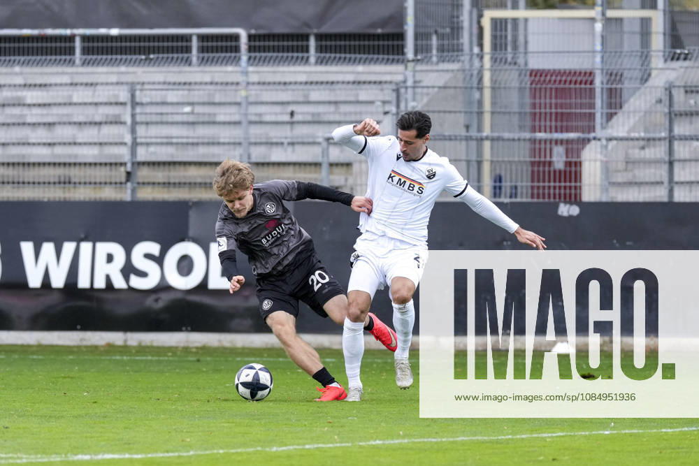 From left: Tom Barth (Aalen), 20, Lukas Mazagg (SVS), 21, tackle, game scene, duel, tackle, tackling, dynamism, action, 10 24 2026, Sandhausen, Germany, soccer, Regionalliga Südwest, SV Sandhausen vs. VfR Aalen