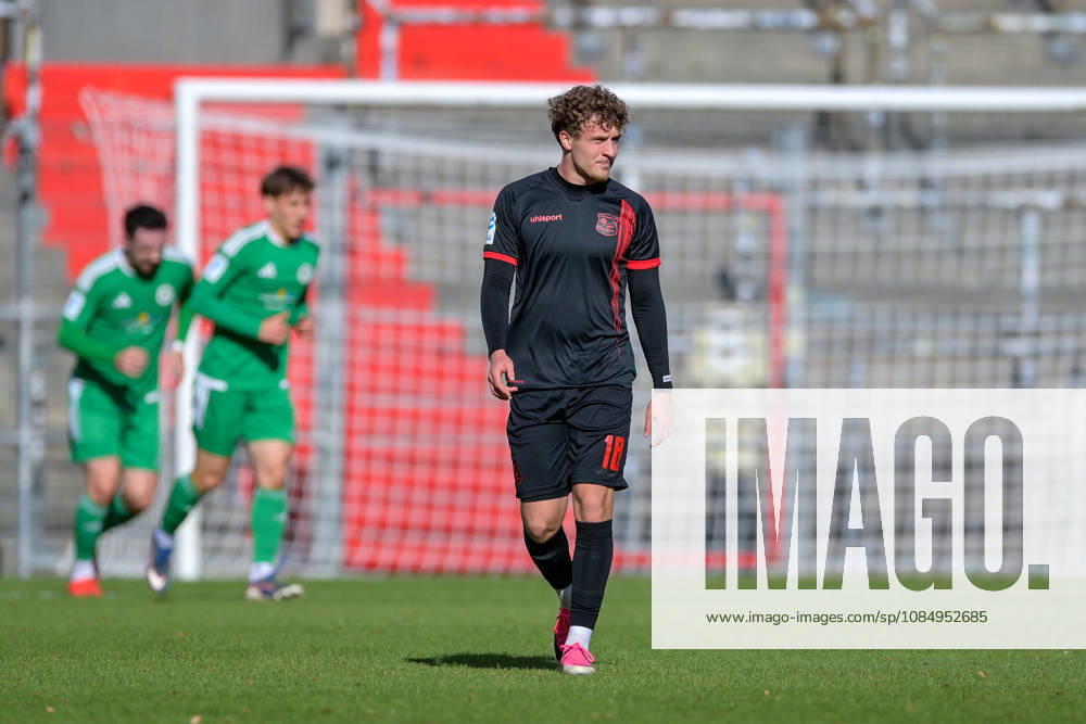 Dominik Lindermeir, Unterhaching, 18, looking disappointed after conceding the goal that made the score 0–1; disappointment, frustration, pessimistic, October 24, 2026, Unterhaching, Germany, soccer, Bavarian Regional League, SpVgg Unterhaching vs. SpVgg Ansbach