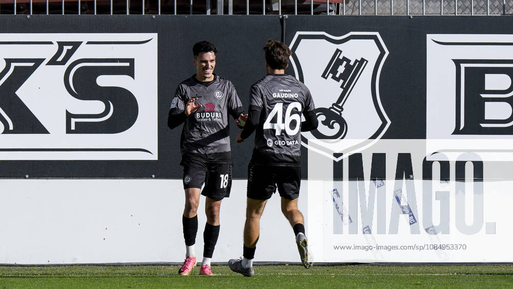 From left: Goal scorer Dean Melo (Aalen, 18) and Gianluca Gaudino (Aalen, 46), players for VfR Aalen, celebrate the goal that made it 0–1, Celebration, goal celebration, scoring a goal, celebrating the goal, goal, celebration, celebrating the goal, joy, happiness, happy, optimistic, positive, game scene, highlight, action, 10 24 2026, Sandhausen, Germany, soccer, Regionalliga Southwest, SV Sandhausen vs. VfR Aalen