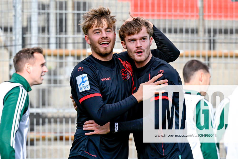 From left: Luis Pfluger (Unterhaching), 13, who provided the assist, and goal scorer Jeroen Krupa (Unterhaching), 9, celebrating the goal, celebration, goal celebration, goal scored, celebrate the goal, goal, celebration, Celebrating the 2–1 goal, optimistic, action, October 24, 2026, Unterhaching, Germany, soccer, Bavarian Regional League, SpVgg Unterhaching vs. SpVgg Ansbach