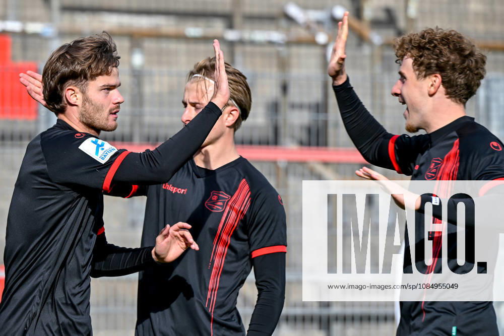 From left: Goal scorer Jeroen Krupa (Unterhaching), 9 Ben Westermeier (Unterhaching), 5, and Dominik Lindermeir (Unterhaching), 18, celebrating the goal, cheering, goal celebration, goal scored, celebrate the goal, goal, celebration, celebrating the 2–1 goal, optimistic, action, October 24, 2026, Unterhaching, Germany, soccer, Bavarian Regional League, SpVgg Unterhaching vs. SpVgg Ansbach