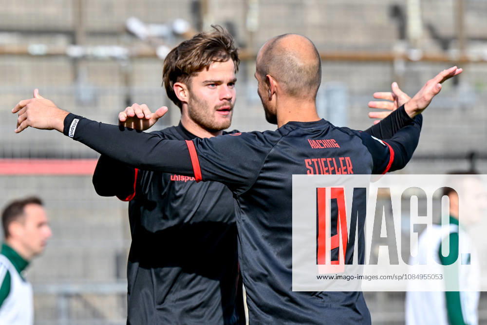From left: Goal scorer Jeroen Krupa (Unterhaching), 9, and Manuel Stiefler (Unterhaching), 8, celebrating the goal, celebration, goal celebration, goal scored, celebrate the goal, goal, celebration, celebrating the 2–1 goal, optimistic, action, October 24, 2026, Unterhaching, Germany, soccer, Bavarian Regional League, SpVgg Unterhaching vs. SpVgg Ansbach