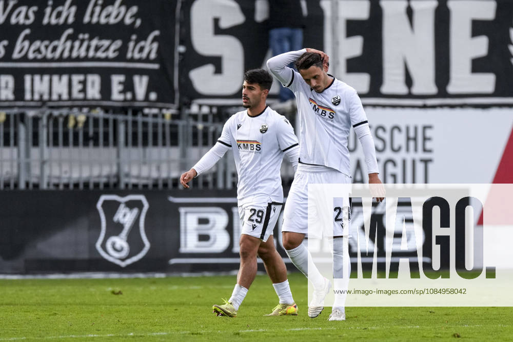 From left: Tasos Leonidis (SVS), 29, Teoman Akmestanli (SVS), 23, disappointed by the loss, disappointment after the final whistle, highlight, losers, lost, frustration, disappointed, pessimistic, October 24, 2026, Sandhausen, Germany, soccer, Regionalliga Southwest, SV Sandhausen vs. VfR Aalen
