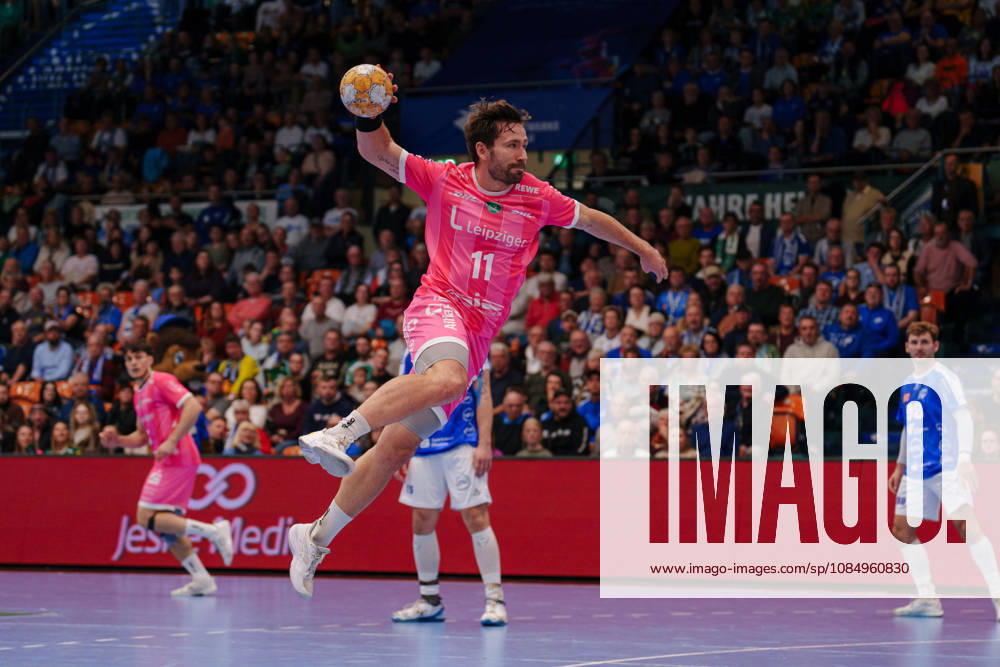 German Handball Bundesliga, Matchday 9: Dessau Roßlauer HV 06 vs. SC DHfK Leipzig; Lukas Binder of SC DHfK Leipzig, No. 11, taking a jump shot on October 24, 2026, at the Anhalt Arena, Dessau-Roßlau, Saxony-Anhalt; Dessau-Roßlau, Anhalt Arena, Saxony-Anhalt, Germany