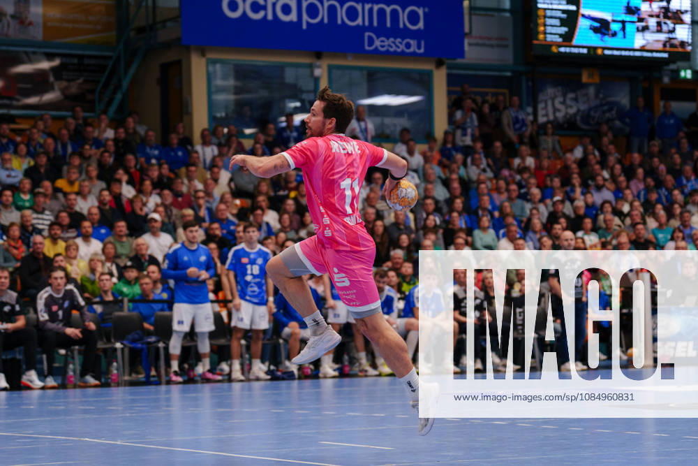 German Handball Bundesliga, Matchday 9: Dessau Roßlauer HV 06 vs. SC DHfK Leipzig; Lukas Binder of SC DHfK Leipzig, No. 11, taking a jump shot on October 24, 2026, at the Anhalt Arena, Dessau-Roßlau, Saxony-Anhalt; Dessau-Roßlau, Anhalt Arena, Saxony-Anhalt, Germany