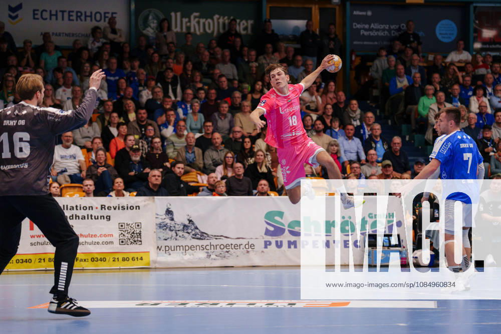German Handball Bundesliga, Matchday 9: Dessau Roßlauer HV 06 vs. SC DHfK Leipzig; Staffan Peter of SC DHfK Leipzig, age 18, taking a jump shot on October 24, 2026, at the Anhalt Arena, Dessau-Roßlau, Saxony-Anhalt; Dessau-Roßlau, Anhalt Arena, Saxony-Anhalt, Germany